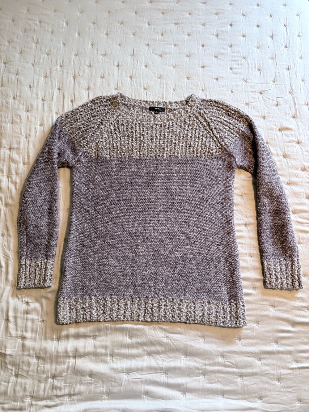 Fate Two-Tone Neutral Purple and Cream Crewneck Sweater